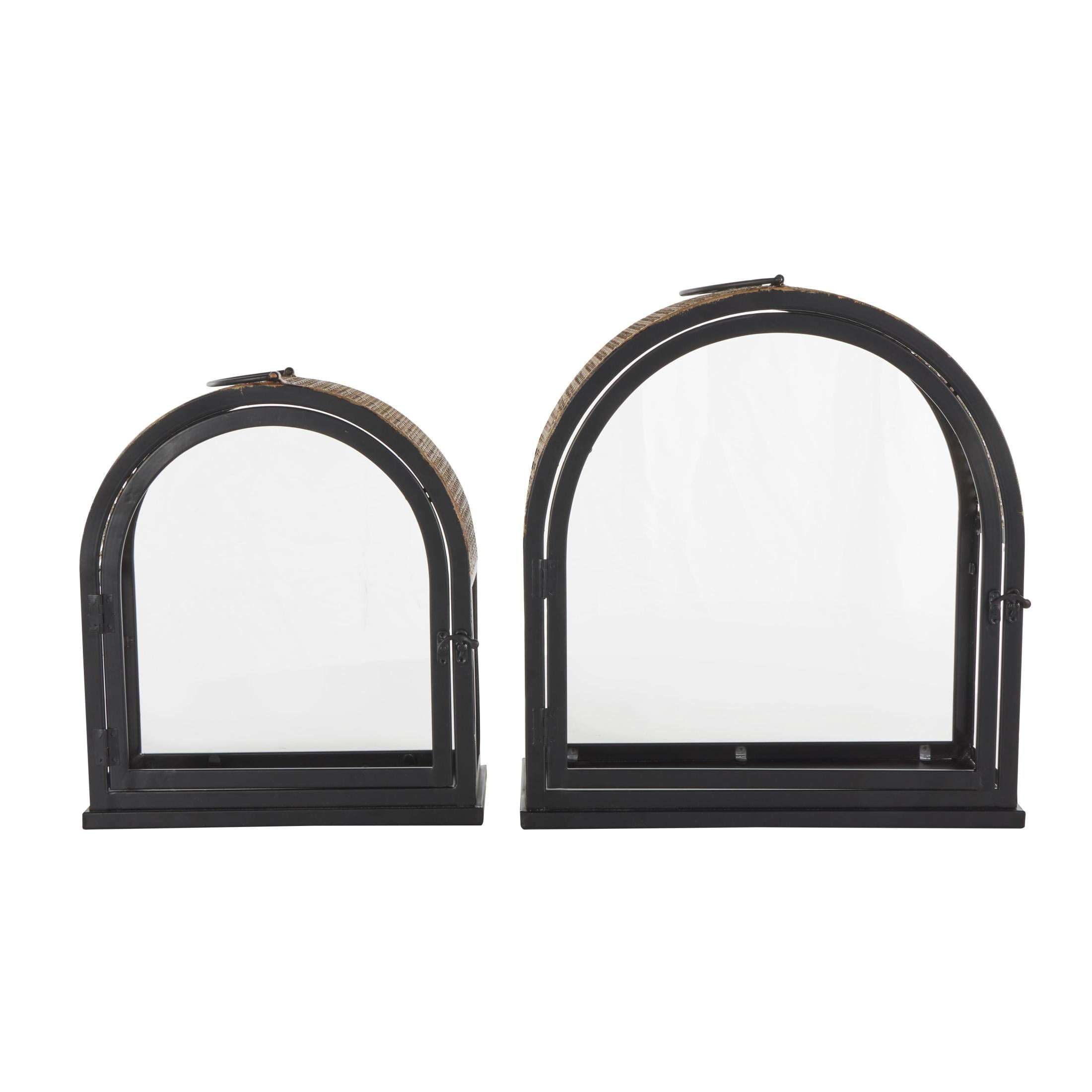 DecMode 2 Holder Black Metal Arched Candle Lantern with Cane Inspired Gold Tops, Set of 2
