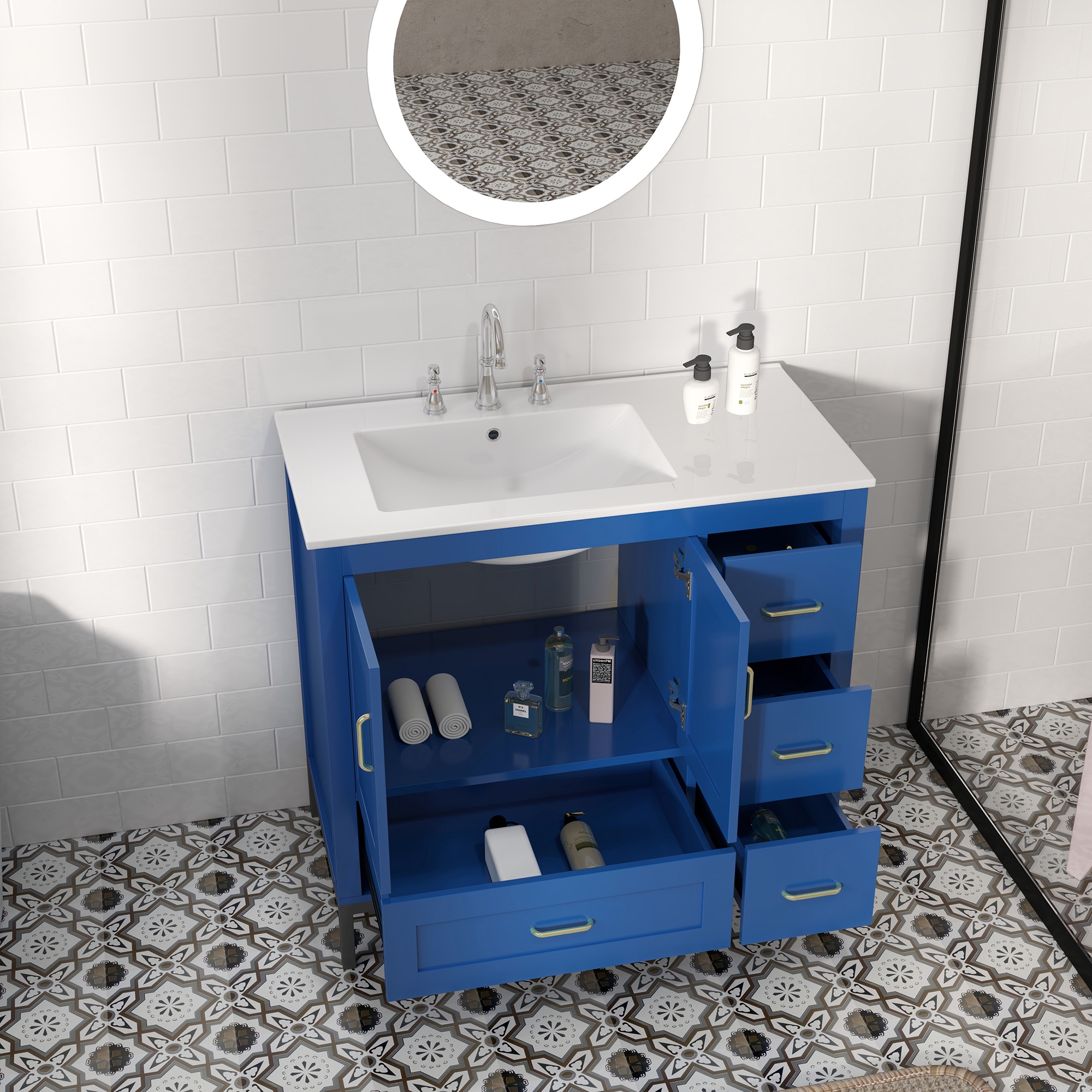 PORKISS Bathroom Vanity, Wooden Bathroom Vanity with Pedestal Under Sink, Freestanding Render Vanity with 2 Doors and 4 Drawers, Modern Vanity Cabinet for Bathroom, Blue
