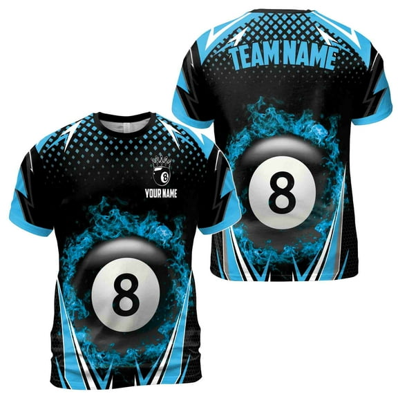 Personalized Blue Billiard Team 8 Balls On Fire Men's T-shirt S-5XL