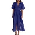 thumbnail image 1 of Mikilon Robes d'Été pour Femmes Ensemble Jupe Sexy Lanterne Manches Courtes Robe à Carreaux Sexy Col en V Profond Robes Mode Décontractée Taille Haute Robe de Soirée Unie avec Fente Bleu-A m, 1 of 7