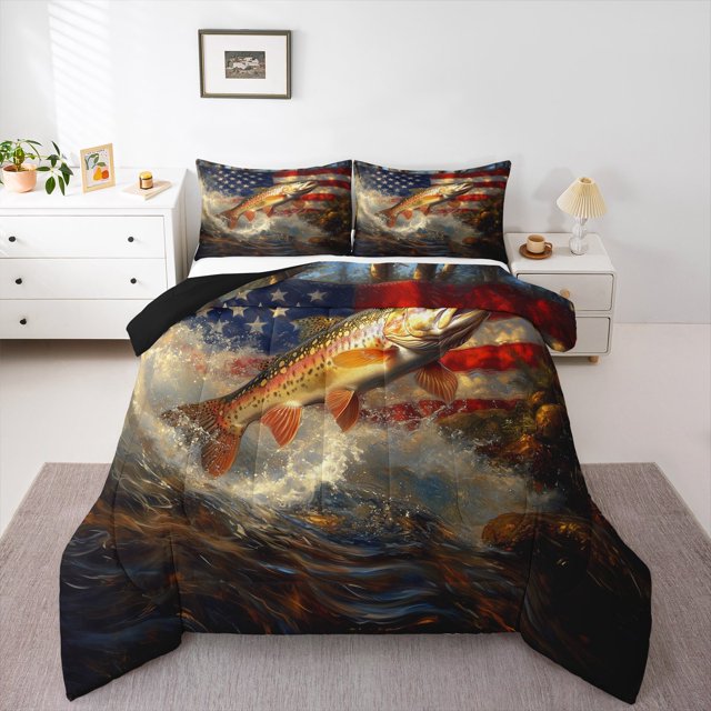 Erosebridal Ensemble de Literie Rustique de Pêche Très Grand, Ensembles de Couette Poisson Achigan Format Très Grand, Couette Réversible Vintage Drapeau Américain, Microfibre Décorative pour Chambre, 3 Pcs