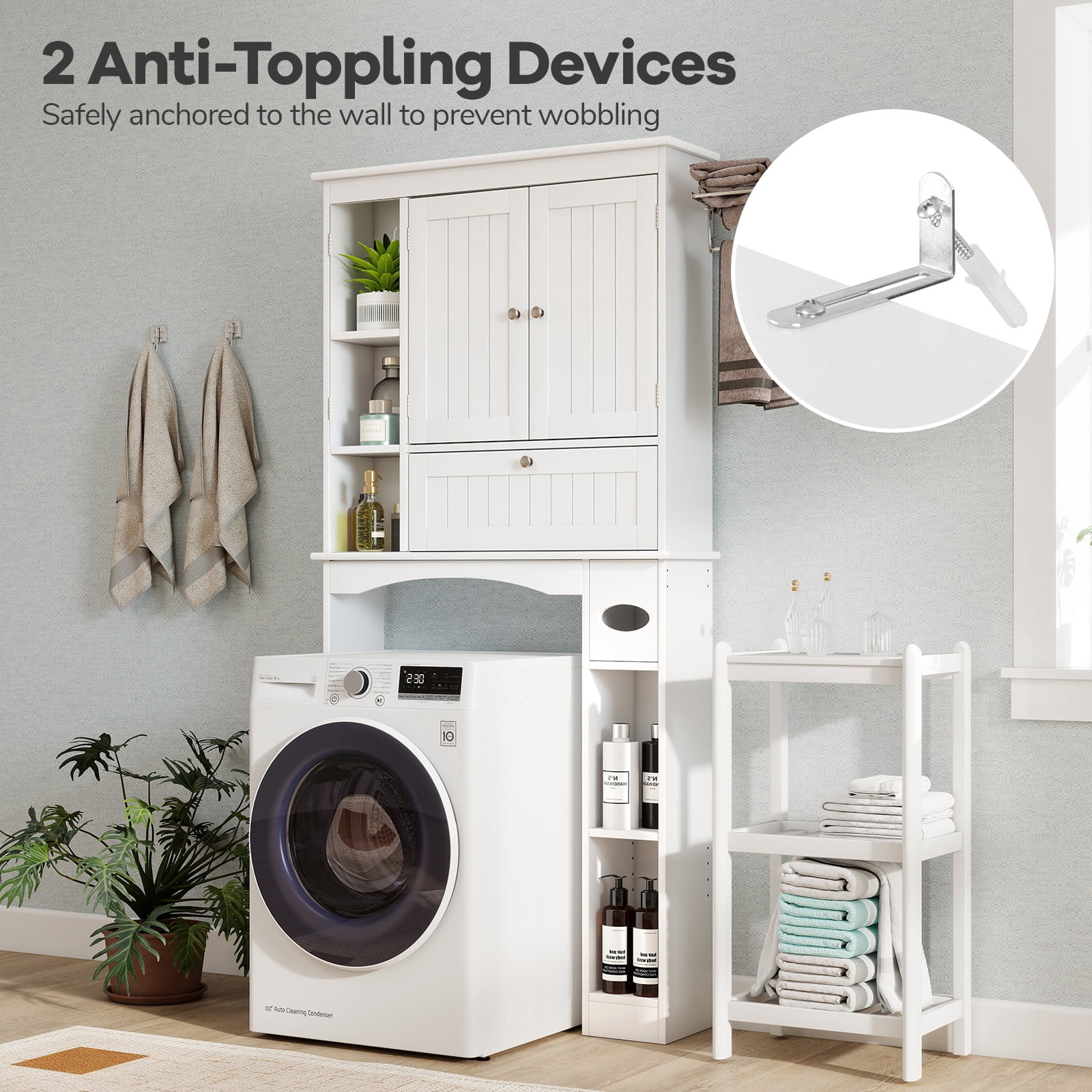 Costway Over the Toilet Storage Cabinet Bathroom Storage Organizer with Toilet Paper Holder White