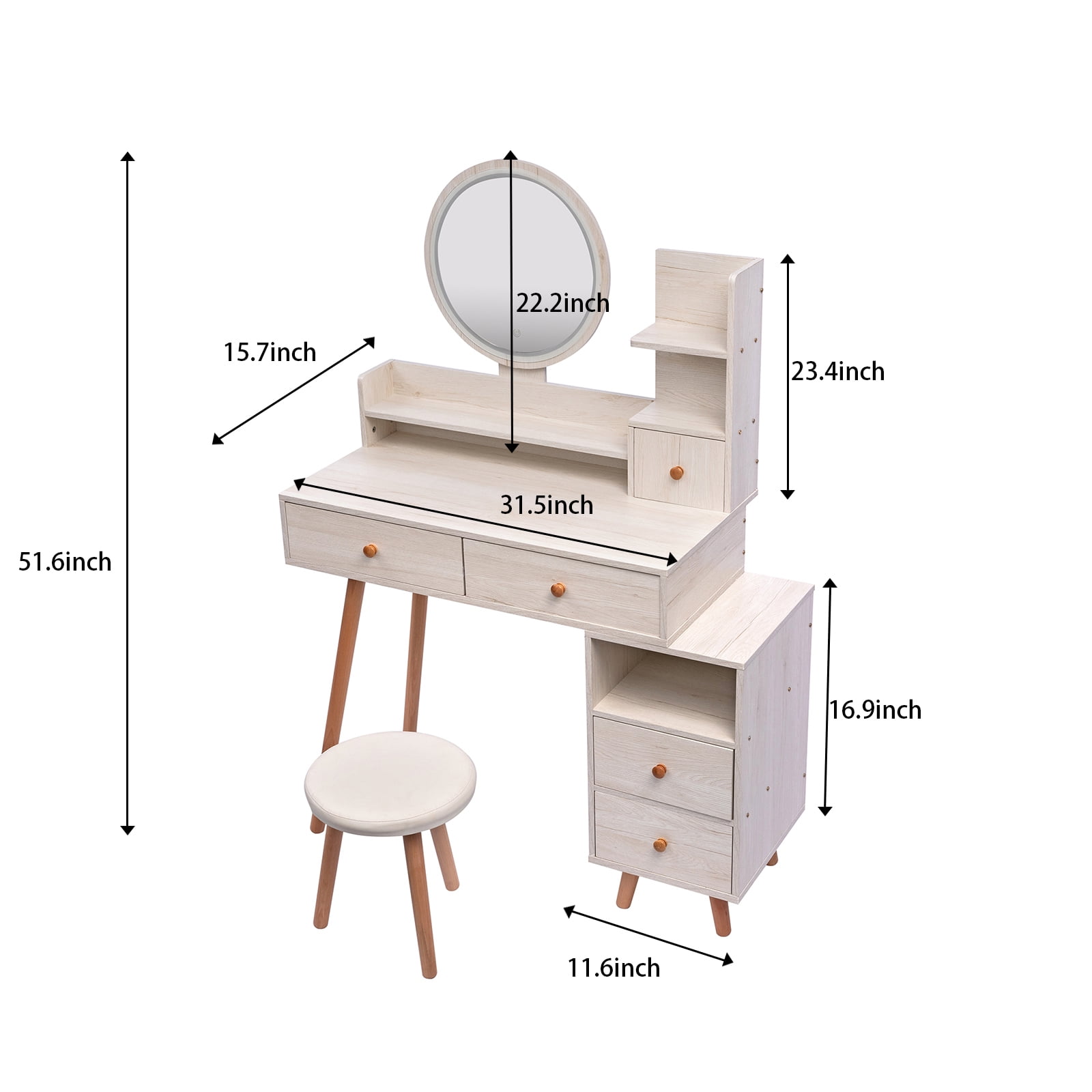 AENKYO Vanity Table Set with Touch LED Mirror & Stool, 5-Drawer Storage, Adjustable Makeup Desk for Girls & Women - White
