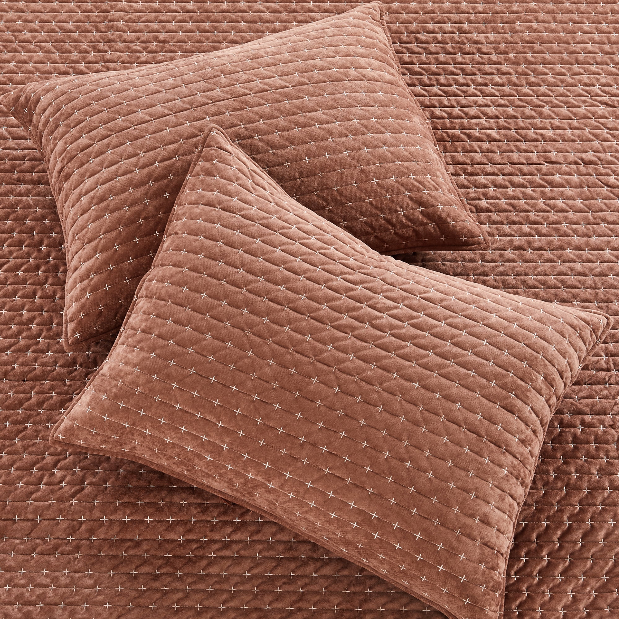 Levtex Home - Velvet Stitch Quilt Set - King Quilt and Two King Shams - Cross Stitch Velvet - Rust with White - Quilt (106x92in.) and Shams (20x36in.) - Reversible - Polyester
