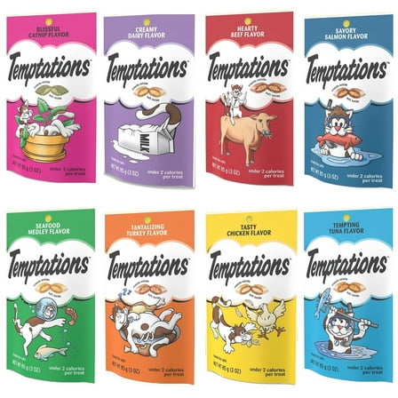 Temptation Classic Tasthttpy Cat Treats Variety Pack 8 Flavors ( Tantalizing Turkey, Chicken, Hearty Beef, Tuna, Creamy Dairy, Blissful Catnip,Savory Salmon, Seafood Medley) 3oz Each with Petlewa Box…