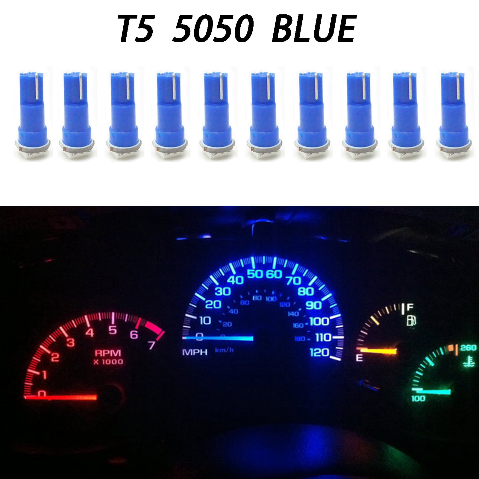 Partsam Pack of 10 Bulbs T5 74 LED Bulbs 5050-SMD Red/Blue/Green/Ice Blue/White Gauge Cluster Instrument Panel Lights 12V