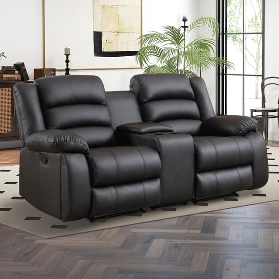 Bonzy Home Faux Leather Manual Loveseat Recliner, Cup Holder, Black, for Living Room