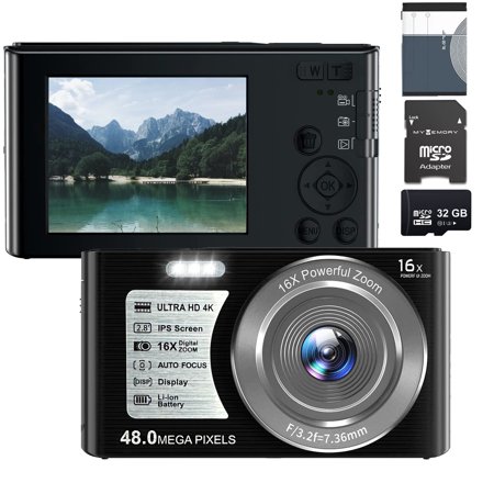 Acuvar 4K Compact Point & Shoot Digital Camera  48MP  16X Digital Zoom  2.8  Screen & 32GB SD Card  Card Reader  6  Tripod & 6PC Card Holder Vlogging Camera for Kids Teens Students Boys Girl (Black)