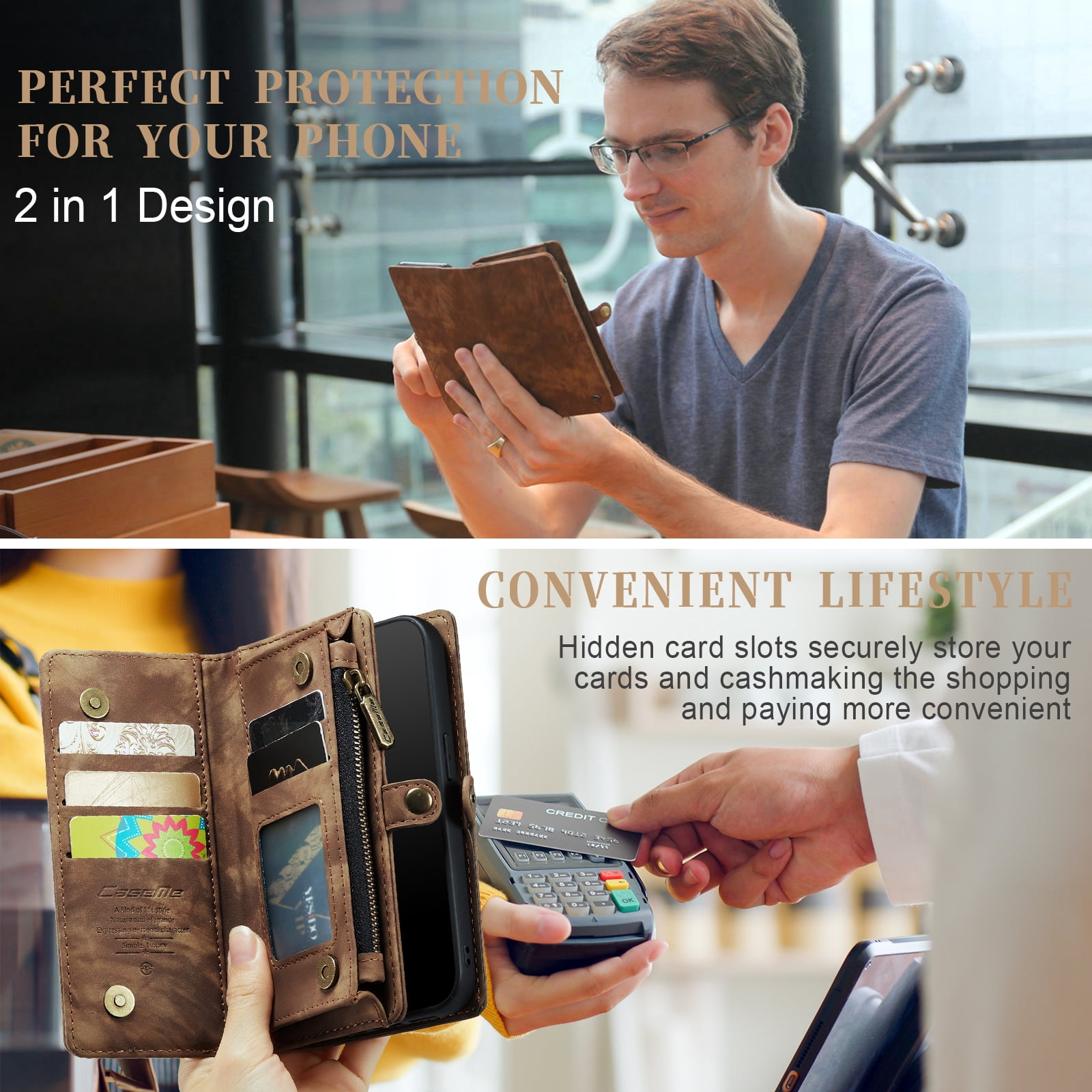 Feishell Durable 2-In-1 Magnetic Detachable Wallet Case for iPhone 7/8/SE 2020/SE 2022,for Women Men,Premium PU Leather Zipper Pocket Flip Multi Card Slots Purse Phone Case with Wrist Strap,Darkbrown