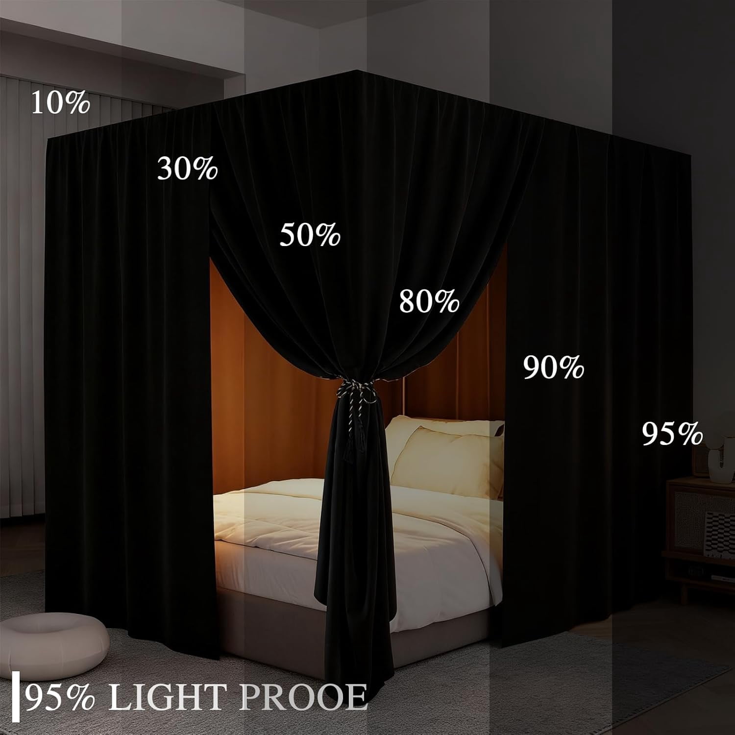 Black Canopy Bed Curtains - 4 Corner Post Bed Curtains King Lightproof Siamesed Drapes Bed Canopy for Adults & Girls Bedroom Decoration(Black,King)