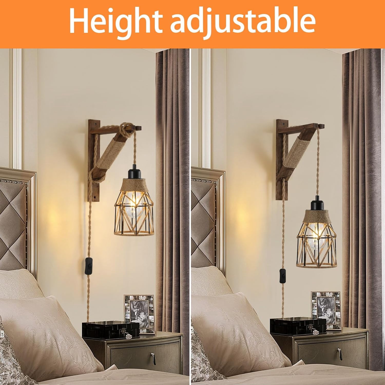 2-Pack  Plug-in Wall Sconces - Farmhouse Metal Cage Lights with Distressed Wood Brackets