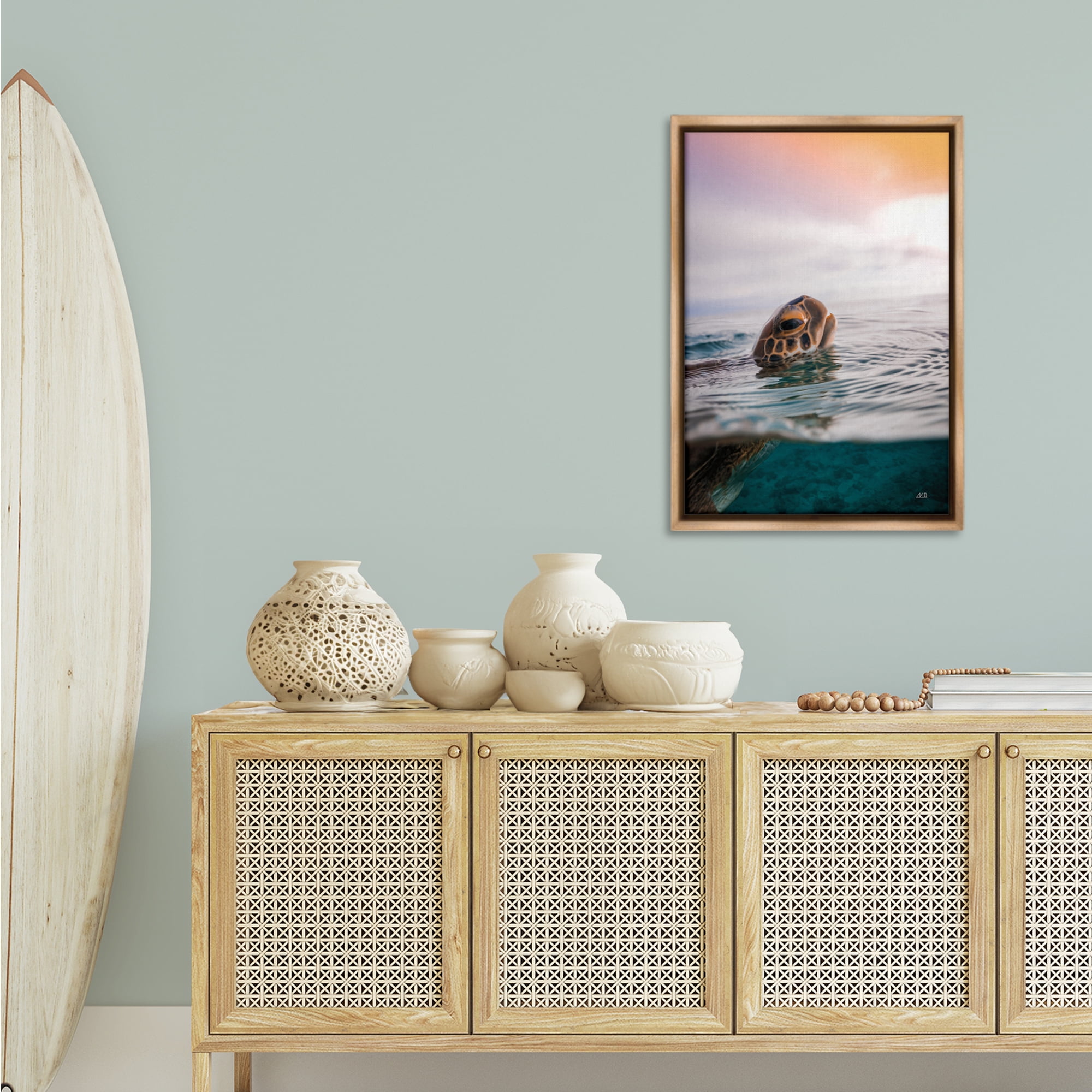 Stupell Industries Turtle Swim at Sunrise Animals Photography Brown Floater Framed Canvas Art Print Wall Art, 21 x 31