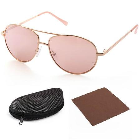 Aviator Sunglasses for Kids Girls Boys Children, Gold Frame, Pink 50mm Shatterproof Lens,UV400 Protection, Case Included