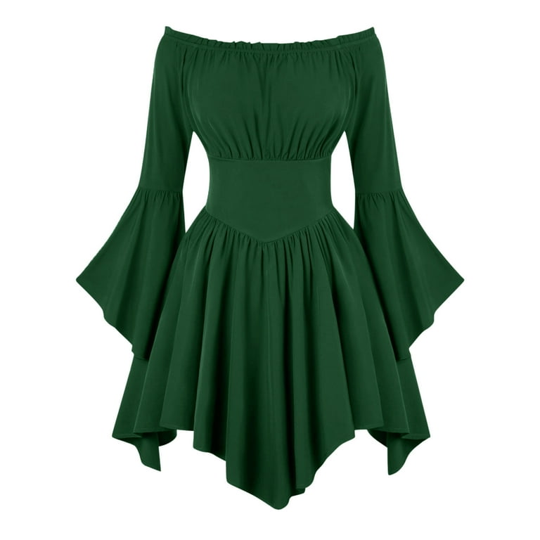 QATAINLAV Cocktail Dresses for Women Off Shoulder Flare Sleeve Ruffle Hem  Gothic Peasant Shirts Dress Halloween Witch Costume, Purple, XL