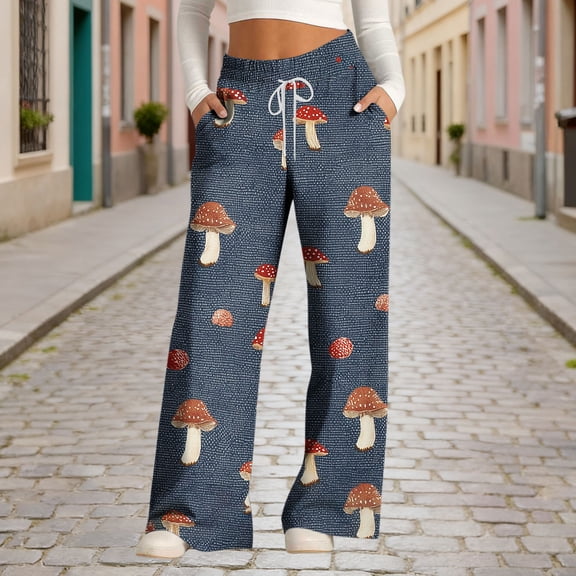 Xdegoge Baggy Pajama Pants for Women High Waist Elastic Drawstring with Side Pockets Mushroom Print Loose Fit Lightweight Casual Wide Leg Bottoms