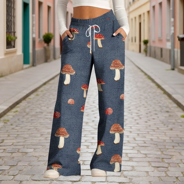 TaTaai Women Denim Print Drawstring Wide Leg Pants Fashion Loose Casual with Pockets All Season Soft Fabric Daily Street Photography Wear Gift
