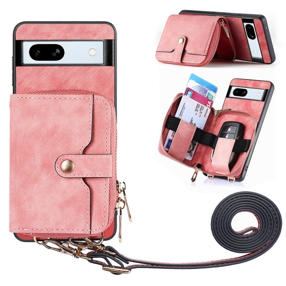 for Google Pixel 7 Wallet Case, Crossbody Phone Purse with Card Holder for Women, Zipper PU Leather Carrying Cover Gift with Shoulder Strap Kickstand Anti-drop for Google Pixel 7 - Pink