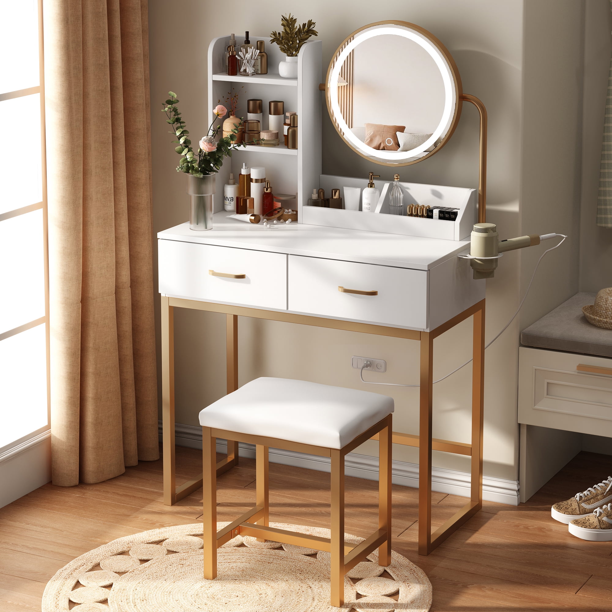 VEANERWOOD Vanity Desk with Lights and Round Mirror, Modern Vanity Makeup Table with 2 Drawers, White