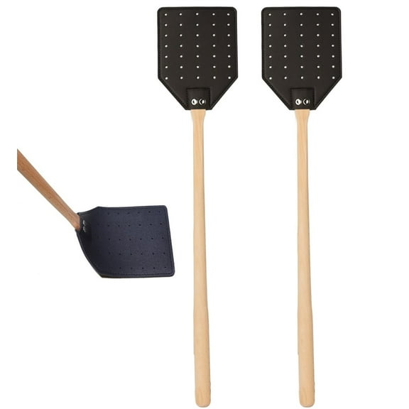 Heavy Duty Flyswatter with Wood Handl,Happon Leather Fly Swatter for Indoors/Outdoors,19.5" Long Fly Swatted Manual for Bug, Flies, Bees, Mosquitoes Black