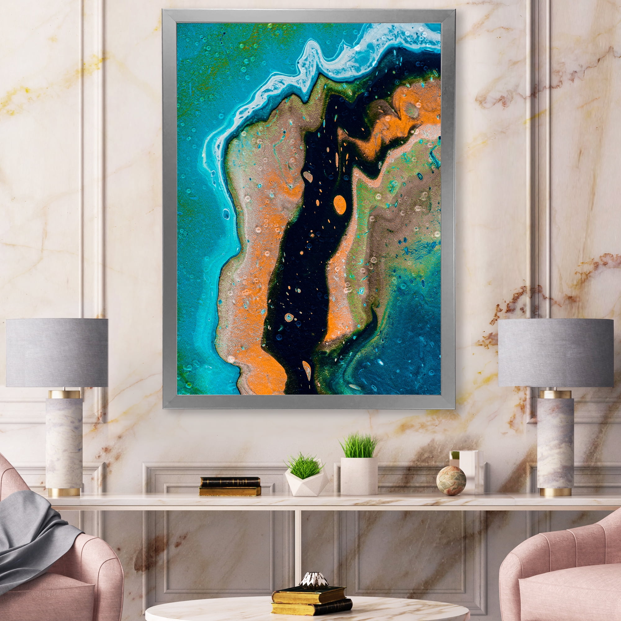 Designart 'Abstract Composition In Black and Orange' Modern Framed Art Print