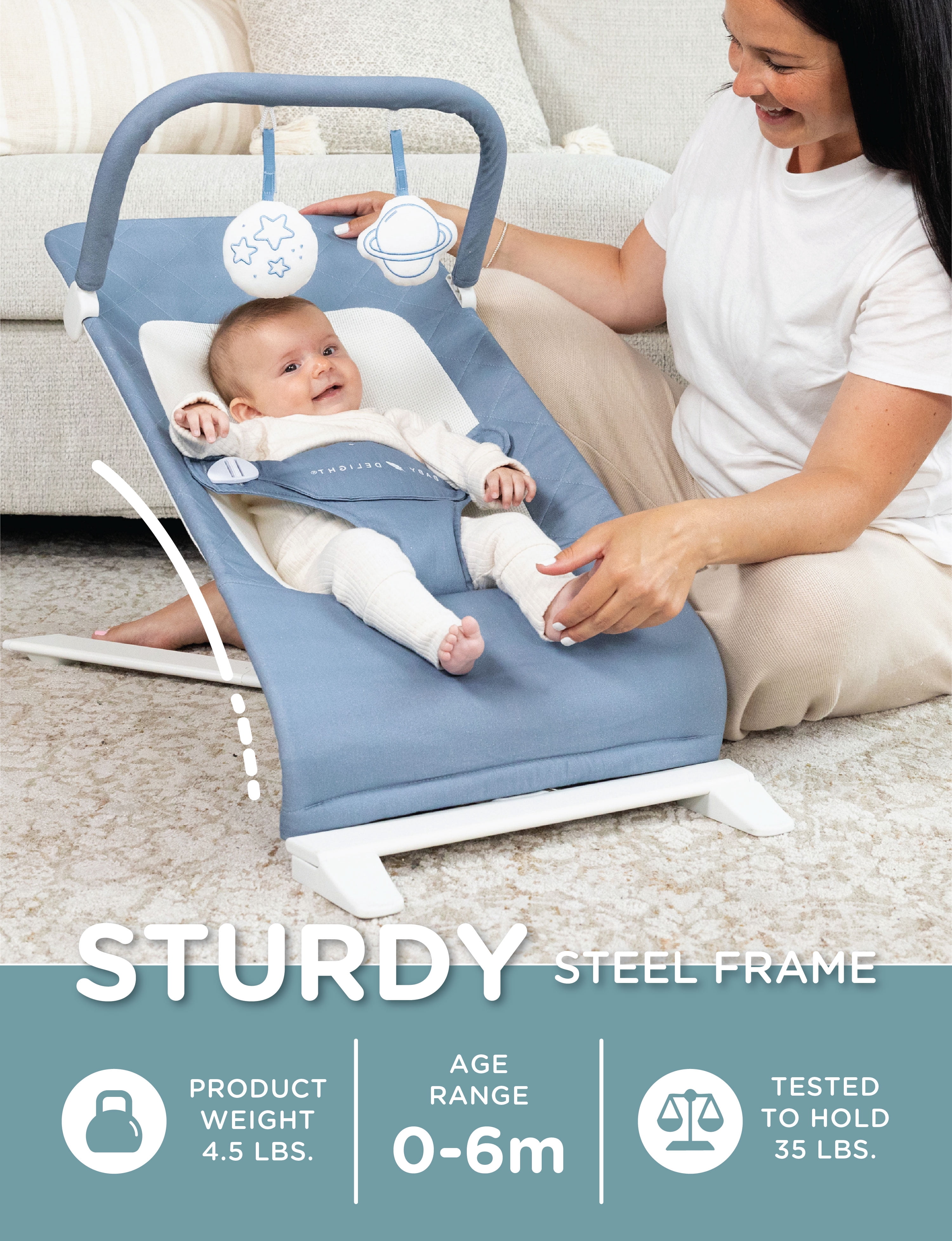 Baby Delight Alpine Organic Deluxe Portable Bouncer, for Infants 0-6 Months, Organic Dusty Blue