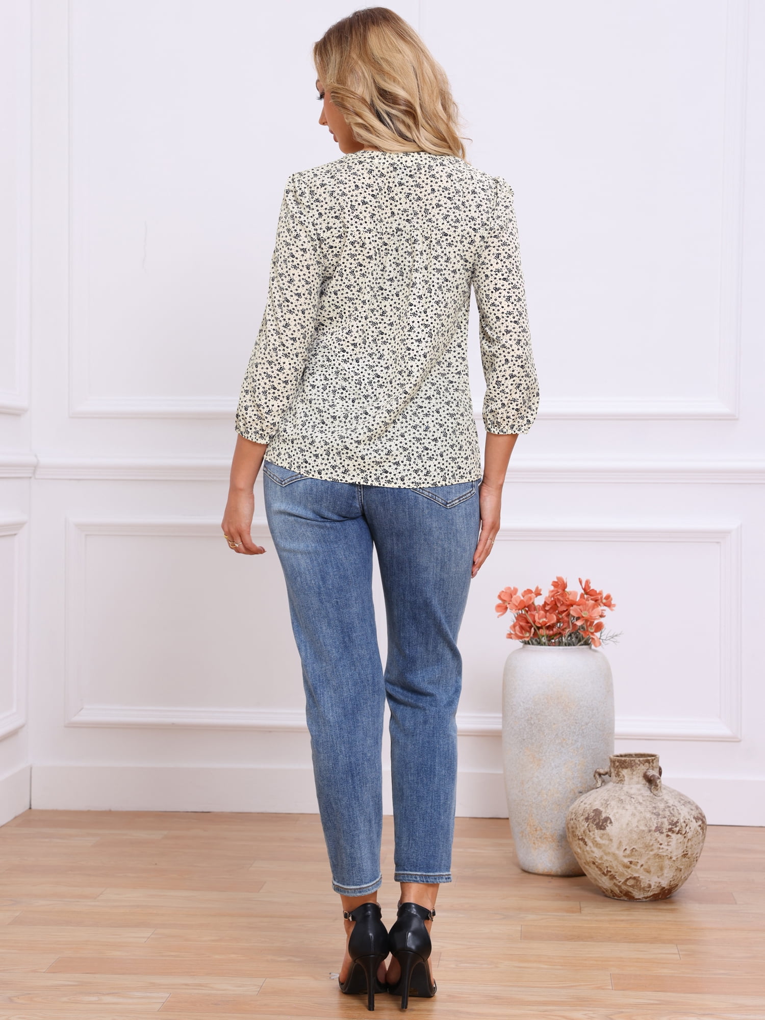 DARING DIVA Women's Floral 3/4 Sleeve Smocked Front V Neck Blouses L White