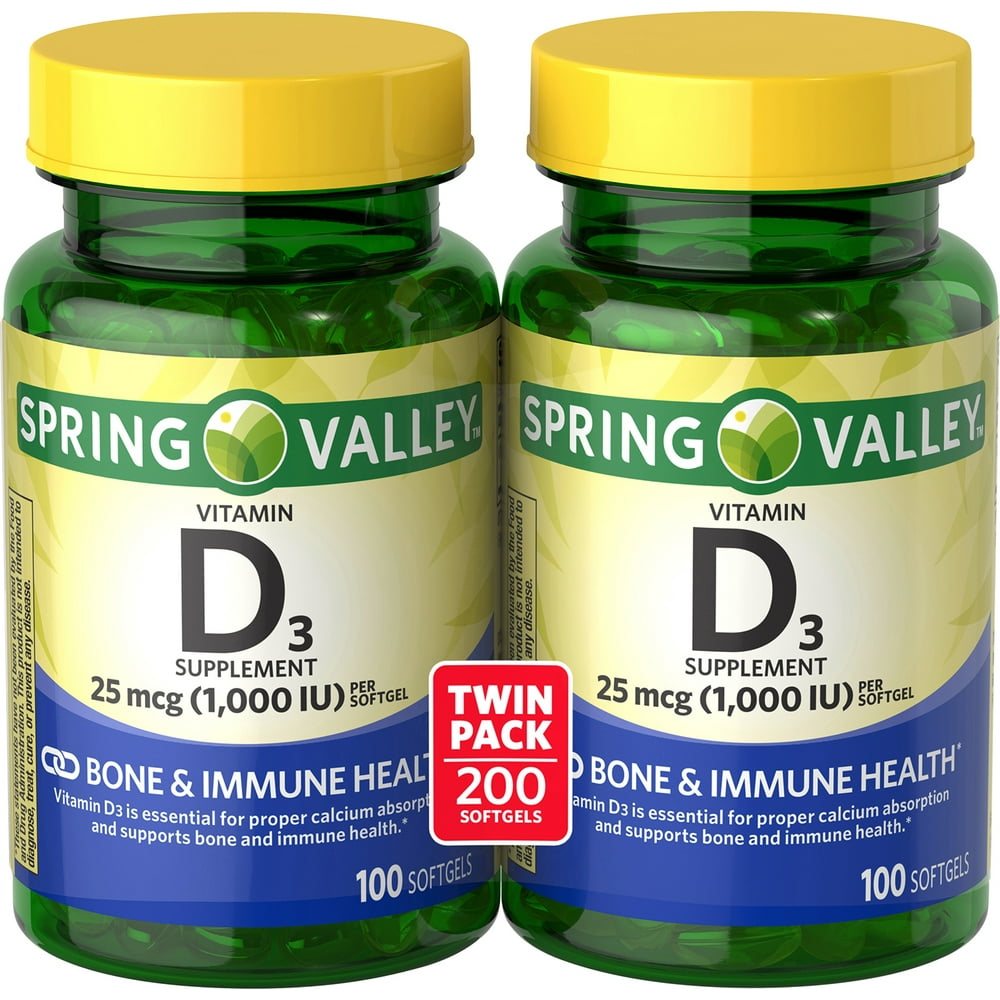 Spring Valley Vitamin D3 Supplement Softgels Twin Pack, 25 mcg, 2 pack