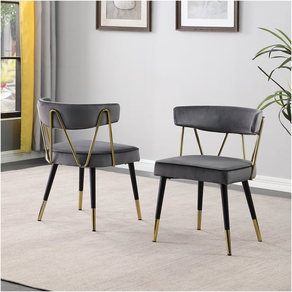 JERFIT Modern Velvet Dining Chairs Set of 2, Gray Upholstered Side Chairs with Gold Trim & Padded Seats for Kitchen, Dining Room