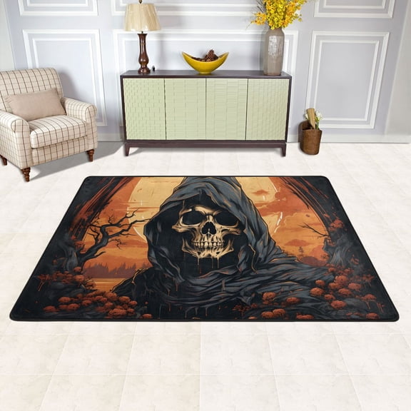 Area Floor Mats Skull in Pumpkins Halloween Large Nursery Rugs Non-Slip Living Room Carpets Bedroom Doormat for Dinning Decor 36" x 24"
