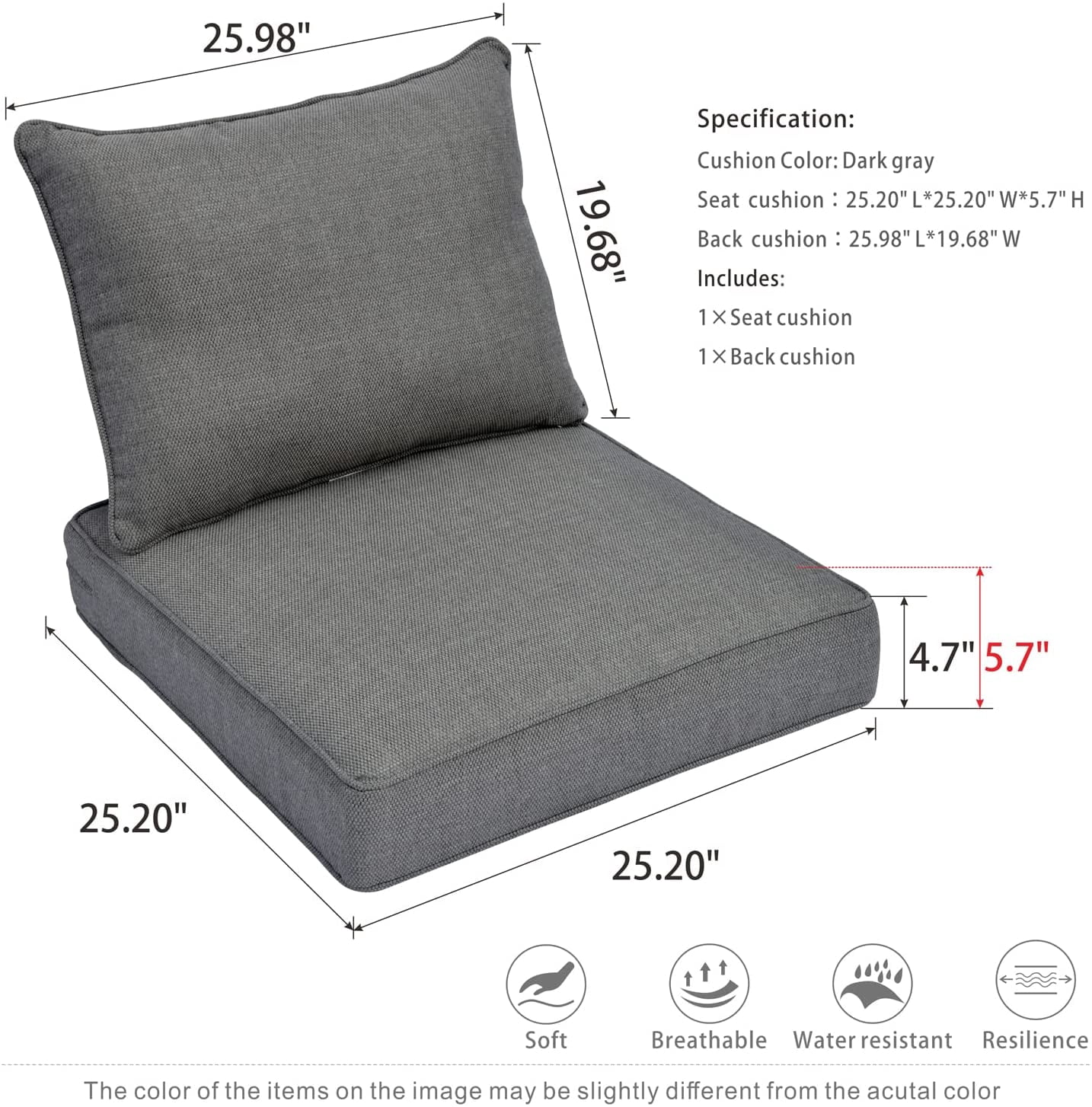 Ovios Back and Seat Cushion Set for Outdoor Furniture, 2-Piece Replacement Cushions for Deep Seating Patio Chair, Outside Pads for Porch, Deck and Garden Seats