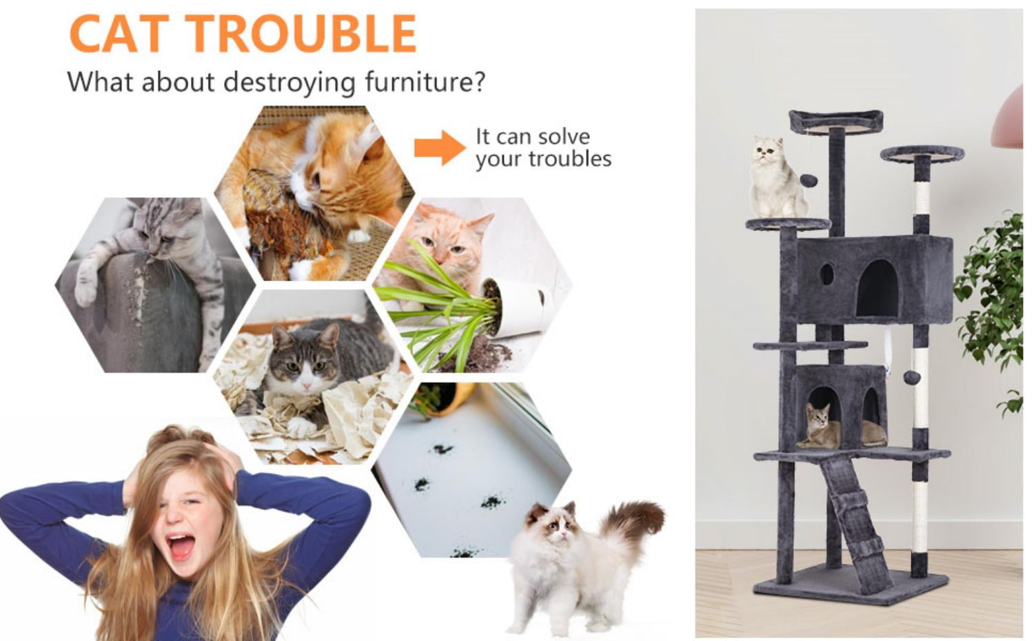 Dkelincs 70"H Large Multilevel Cat Tree, Double Condo Cat Tower with Scratching Post Tower & 3 Top Perches, Ashy