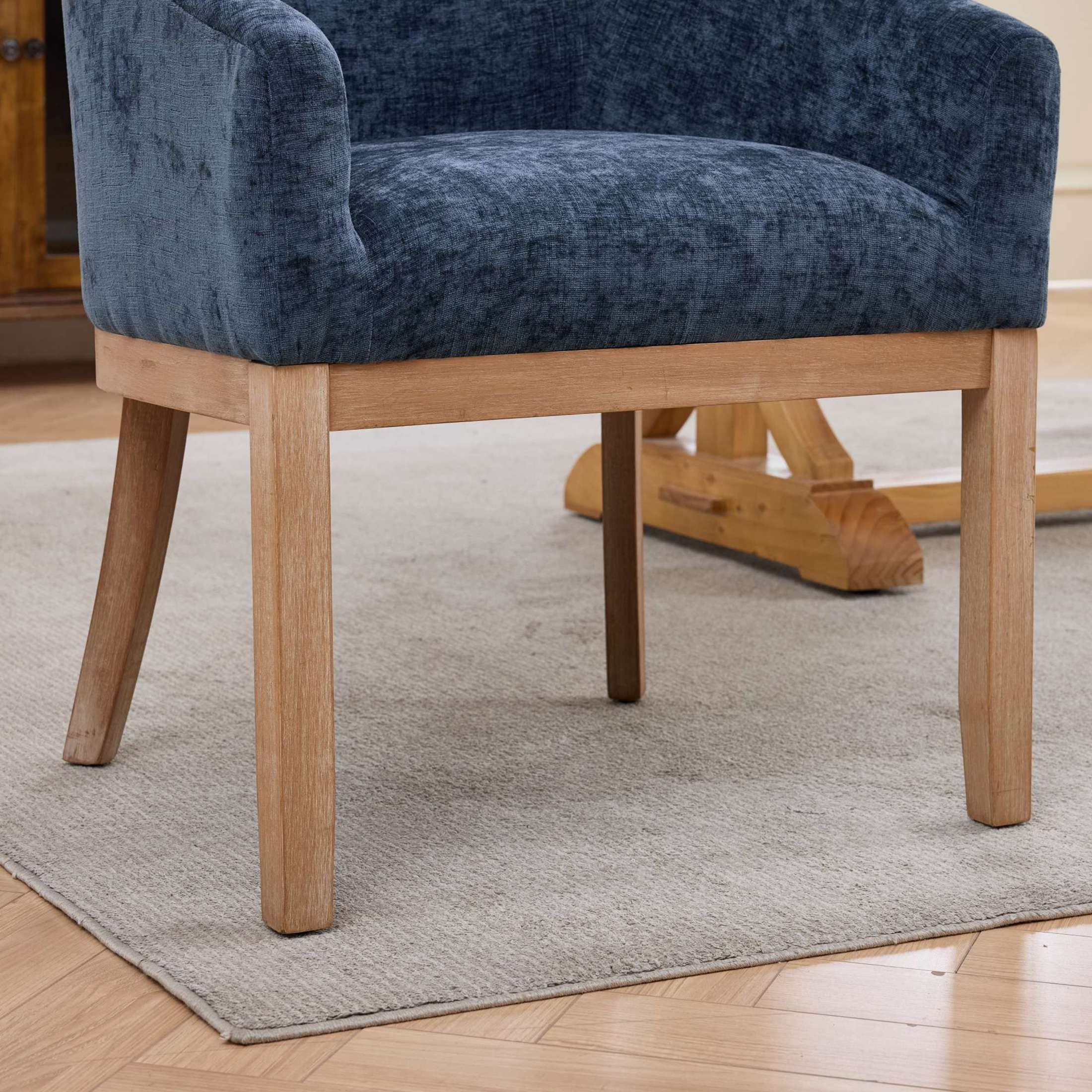 Noble House Barrel Dining Chair with Arms, Chenille Upholstery, Rubberwood Frame, Blue