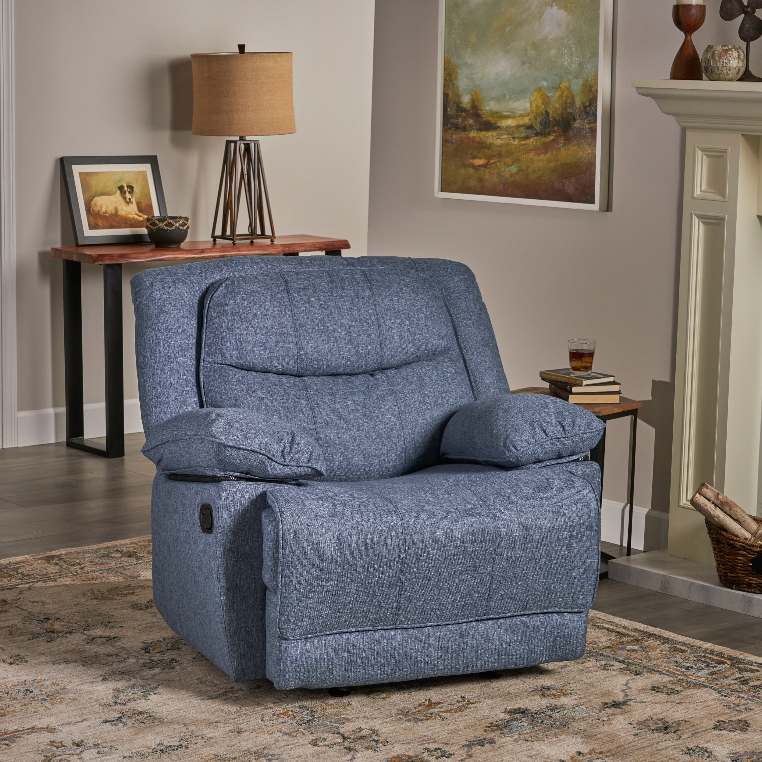 Noble House Richardson Contemporary Fabric Glider Recliner, Navy Blue Tweed