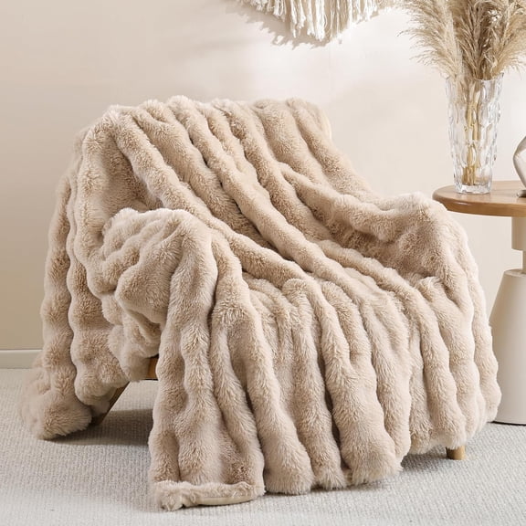Faux Fur Throw Blanket 50x60 inch, Linen Fluffy Cozy Rabbit Fleece for Couch Bed, Plush Soft Bubble Blanket for Home Decor