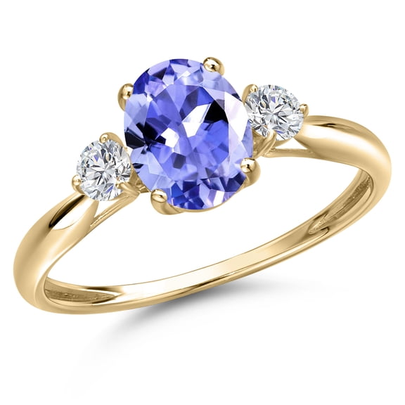 Gem Stone King 10K Yellow Gold Blue Tanzanite and Lab Grown Diamond 3-Stone Ring for Women | 1.38 Cttw | Oval 8X6MM | Gemstone December Birthstone | Size 7