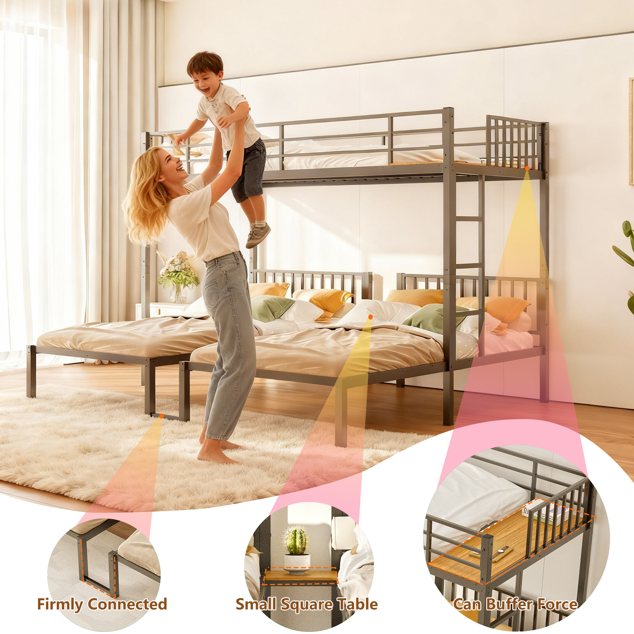 Triple Bunk Bed, Twin Over Twin Metal Bunk Bed Frame with Safety Guardrails and Ladder, Heavy Duty Converts to 3 Individual Beds, Space-Saving Family Sleep Solution for Bedroom Guest Room, Black