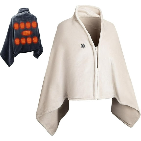 Portable Heated Shawl Cordless, 59x31inch Cordless Heated Shawl, 3 Heating Settings 9 Heating Zones, Flannel Wearable Heated Blanket for Travel, Office & Outdoor Use (White)