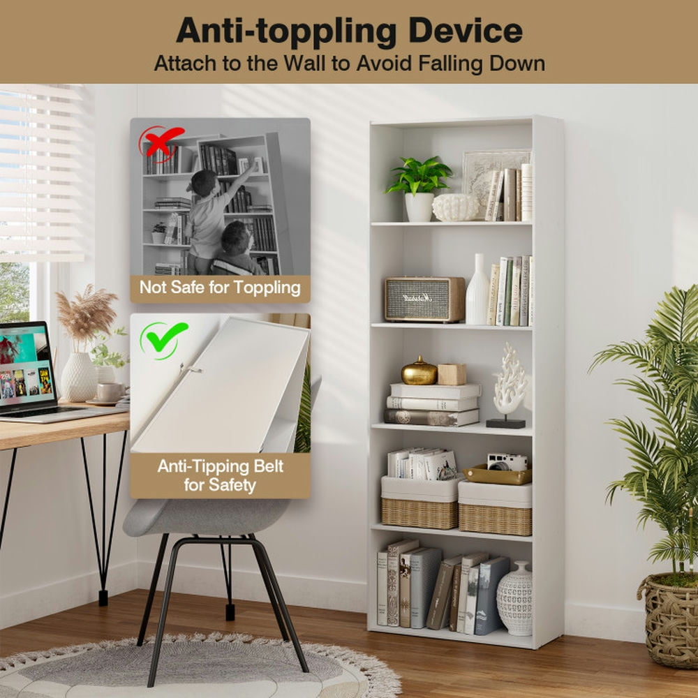 Demi Bonn 5-Shelf Storage Bookcase, Modern Multi-Functional Display Cabinet Furniture, Modern Decorative Open Bookshelf, White