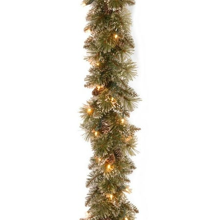 National Tree 6' x 10" Glittery Bristle Pine Garland with Cones and 50 Battery Operated Soft White LED Lights