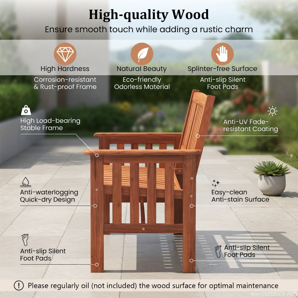 Hommoo 2-Person Wood Outdoor Garden Bench with Backrest, Armrests & Slatted Seat, Sturdy Patio, Porch & Deck Seating for Backyard Relaxation, Natural