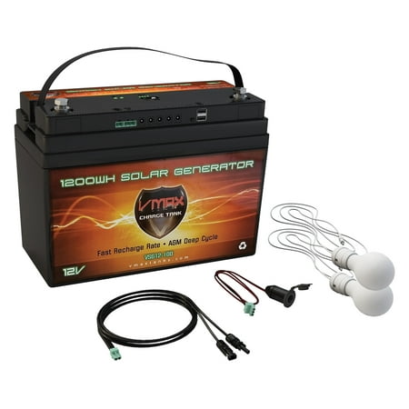 - VMAX VSG12-100L2 Portable Solar Generator Kit 1,300Wh AGM Rechargeable Battery w/ 2 LED 7watt Lights, Solar Panel Input w/Built in Charge Controller, 12V Cigarette Lighter Socket, Dual USB Inputs