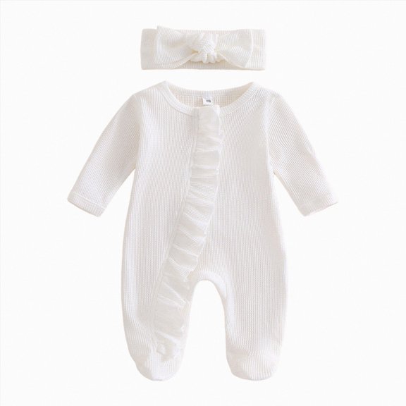 CAICJ98 Newborn Baby Romper Infant Girl One-piece Outfit Waffle Ruffle Zip Footie Fall Winter Clothes With Bow Headband Baby Clothes Boys (White,Newborn)