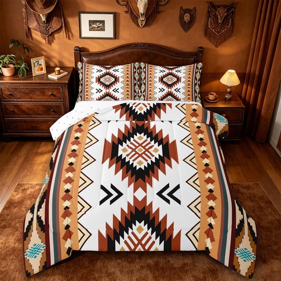 jejeloiu Southwestern Aztec Full Size Comforter Sets,Tribal Print Bedding Comforter Set For Boys,Brown White,Reversible,3pcs,1 Comforter and 2 Pillowcases