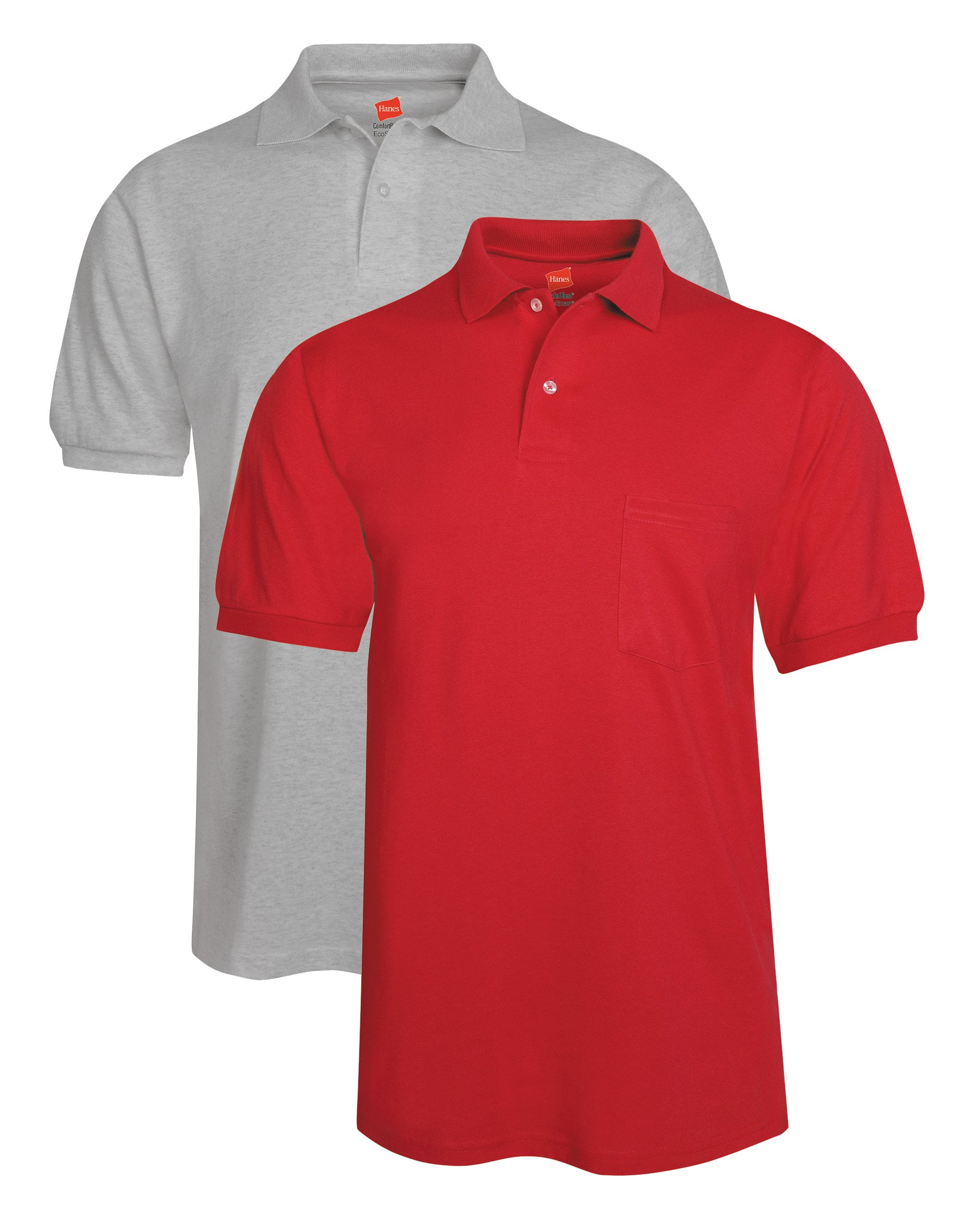Hanes Men's 2 Pack Short Sleeve Jersey Pocket Polo, Light Steel/Deep