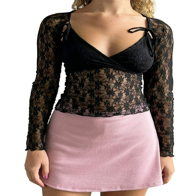 Basic Shirt for Women Crop Lace Tops with V Neck and Long Sleeves