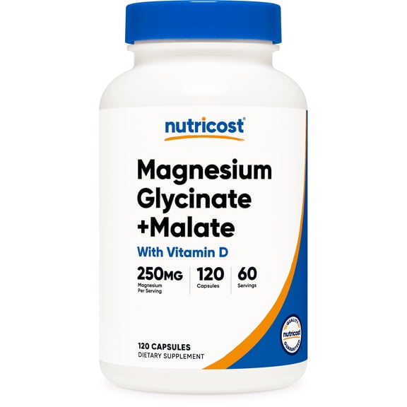 Nutricost Magnesium Glycinate   Malate (250mg) 120 Capsules - High Absorption, With Vitamin D, Vegan, Gluten-Free, GMO-Free, 60 Servings