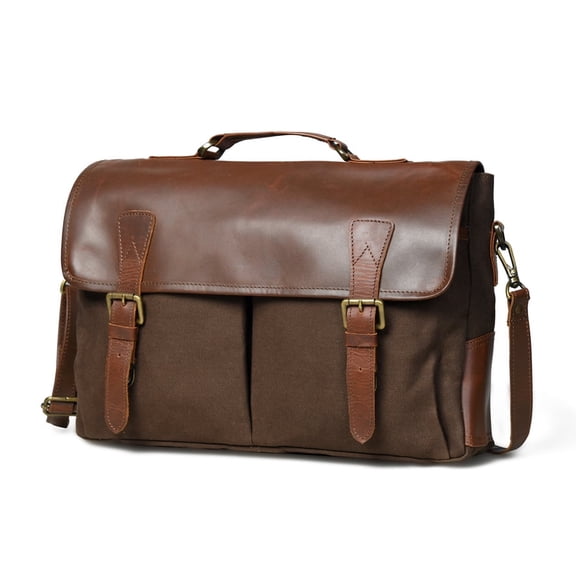 SHARO Unisex Durable Canvas and Genuine Leather 17" Laptop Messenger Bag with Adjustable Shoulder Strap, Brown