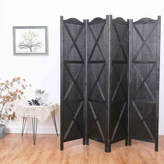 Black 4-Panels Arc Room Divider with Classic Country Style