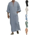 thumbnail image 2 of Men's Long Sleeve Robe Roll Up Long Sleeve Linen Side Split Kaftan Thobe with Pockets Long Gown Casual Shirt, 2 of 5