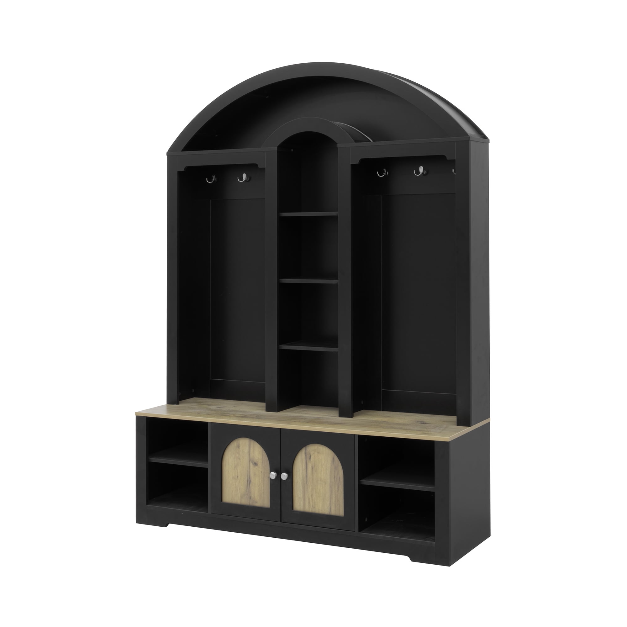 Aukfa Curved Hall Tree Wardrobe with Hooks, Shelves & Shoe Storage,Entryway Wardrobe Organizer for Hallway, Living Room,Black